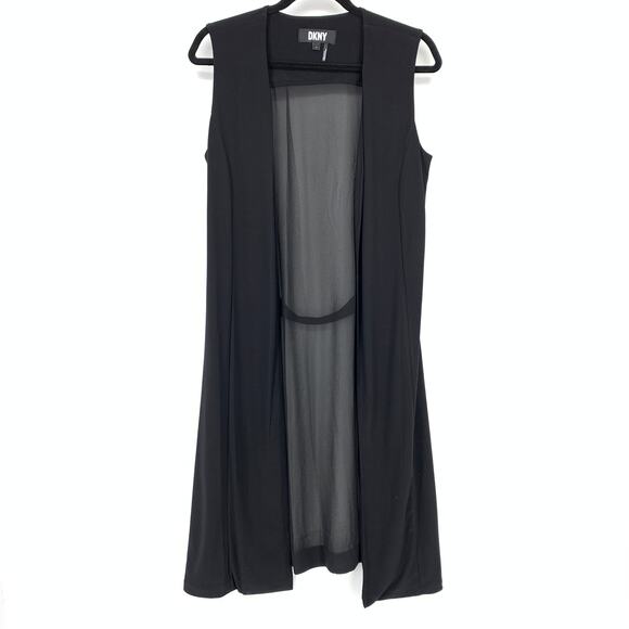 DKNY Open Front Long Vest Womens Size Small Black Sheer Back Panel - Picture 1 of 5